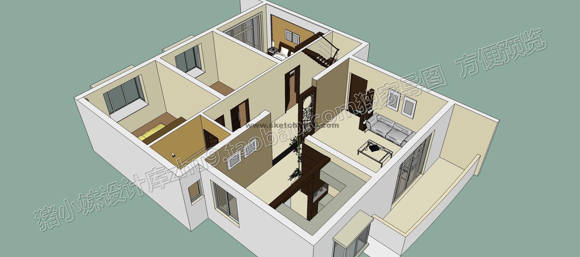 室内家装客厅卧室套三skp模型下载 sketchup室内模型下载 第1张