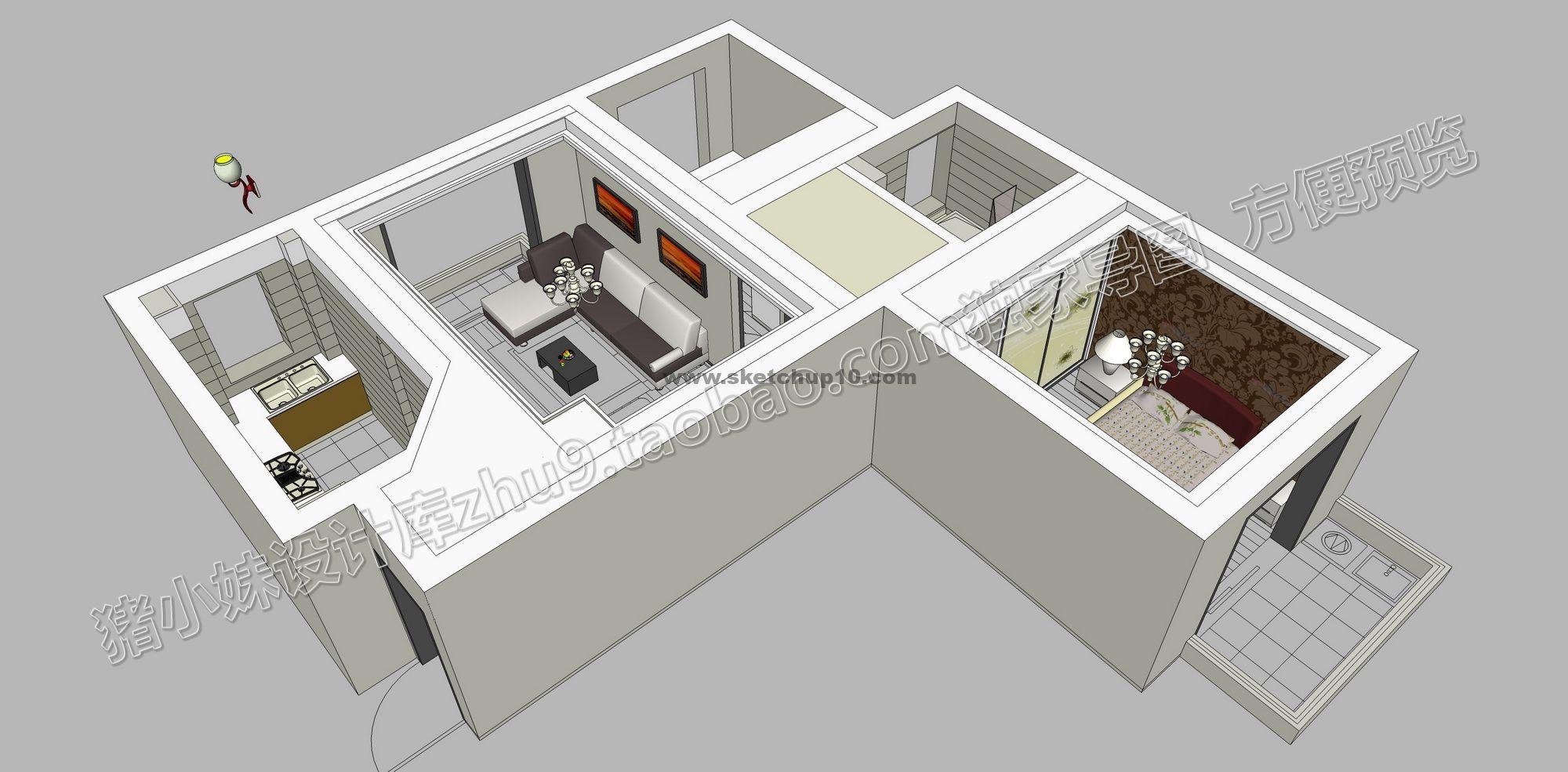现代室内家装客厅卧室套二sketchup草图大师模型库 sketchup室内模型下载 第1张