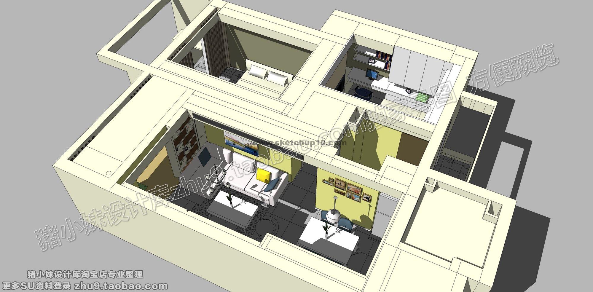 室内家装客厅卧室套二skp模型下载 sketchup室内模型下载 第1张