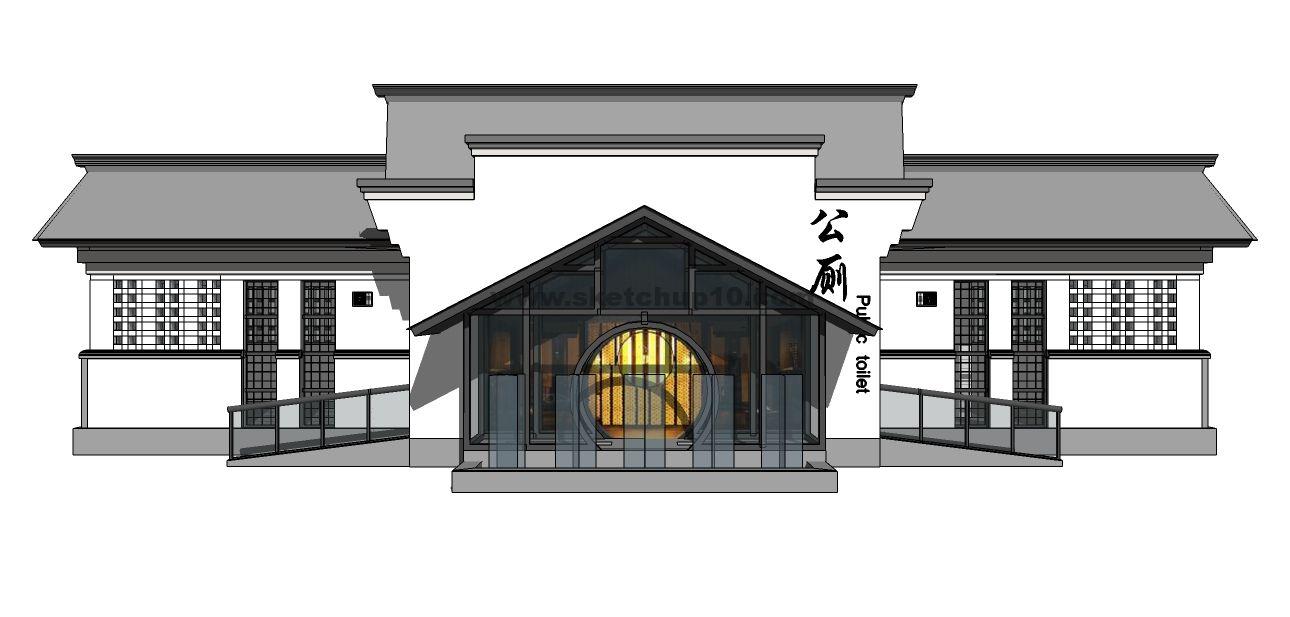 现代中式公共厕所su草图大师模型库 SketchUp建筑模型下载 第1张