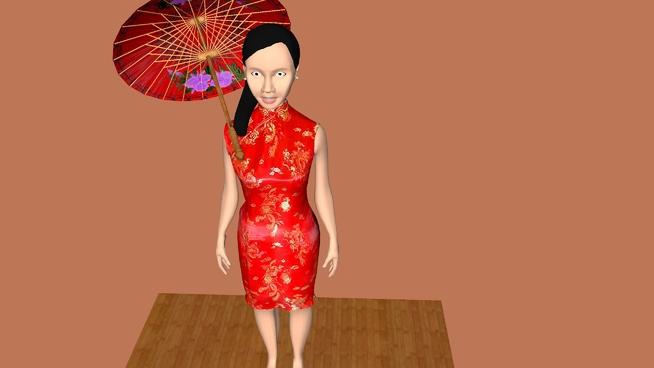 中国风旗袍和油纸伞| skp下载 人物草图大师模型下载 第1张