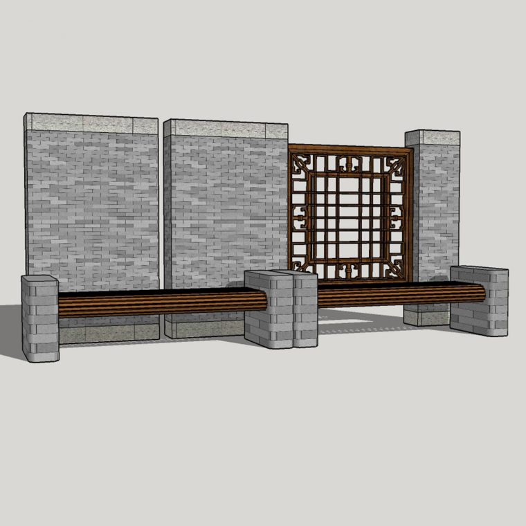 新中式风格景墙及坐凳skp下载 SketchUp景观模型下载 第1张