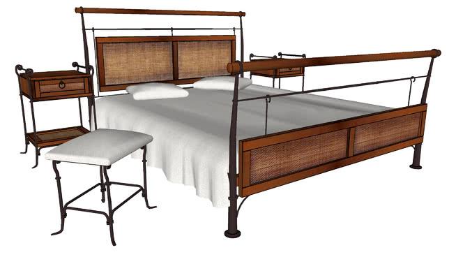 藤艺铁艺结合的卧室床套件 室内模型 sketchup室内模型下载 第1张