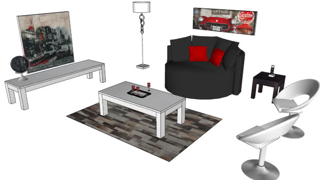 当代的室内模型红房子的客厅 sketchup室内模型下载 第1张