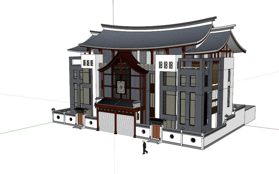 现代中式独栋别墅 SketchUp建筑模型下载 第1张