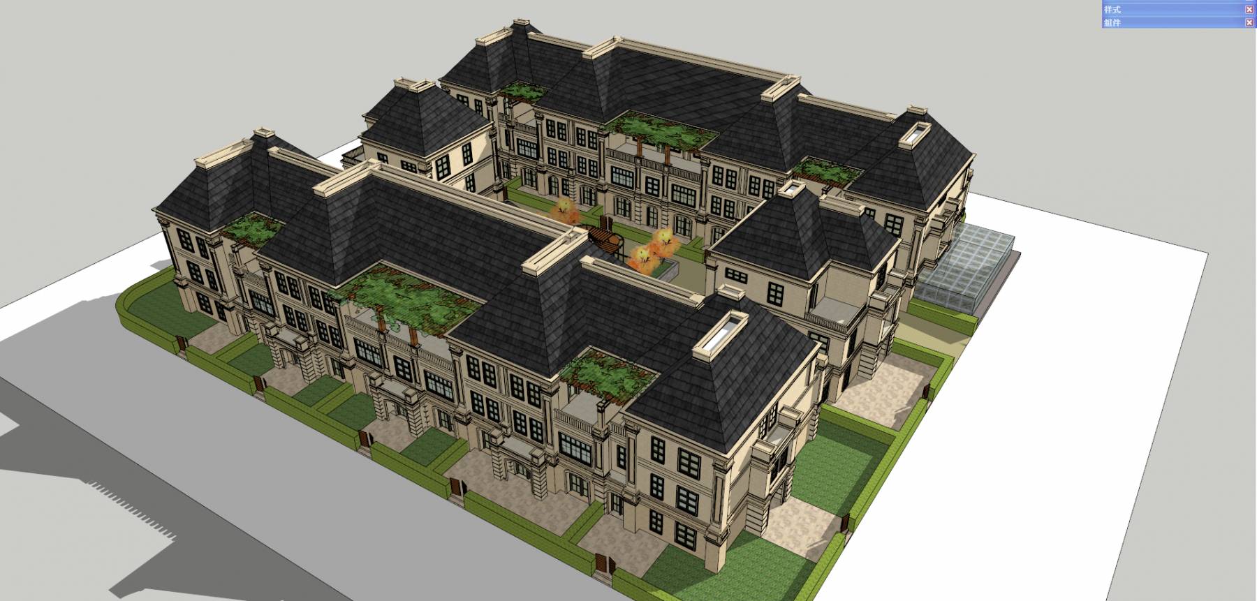 法式联排 别墅四合院 SketchUp建筑模型下载 第1张